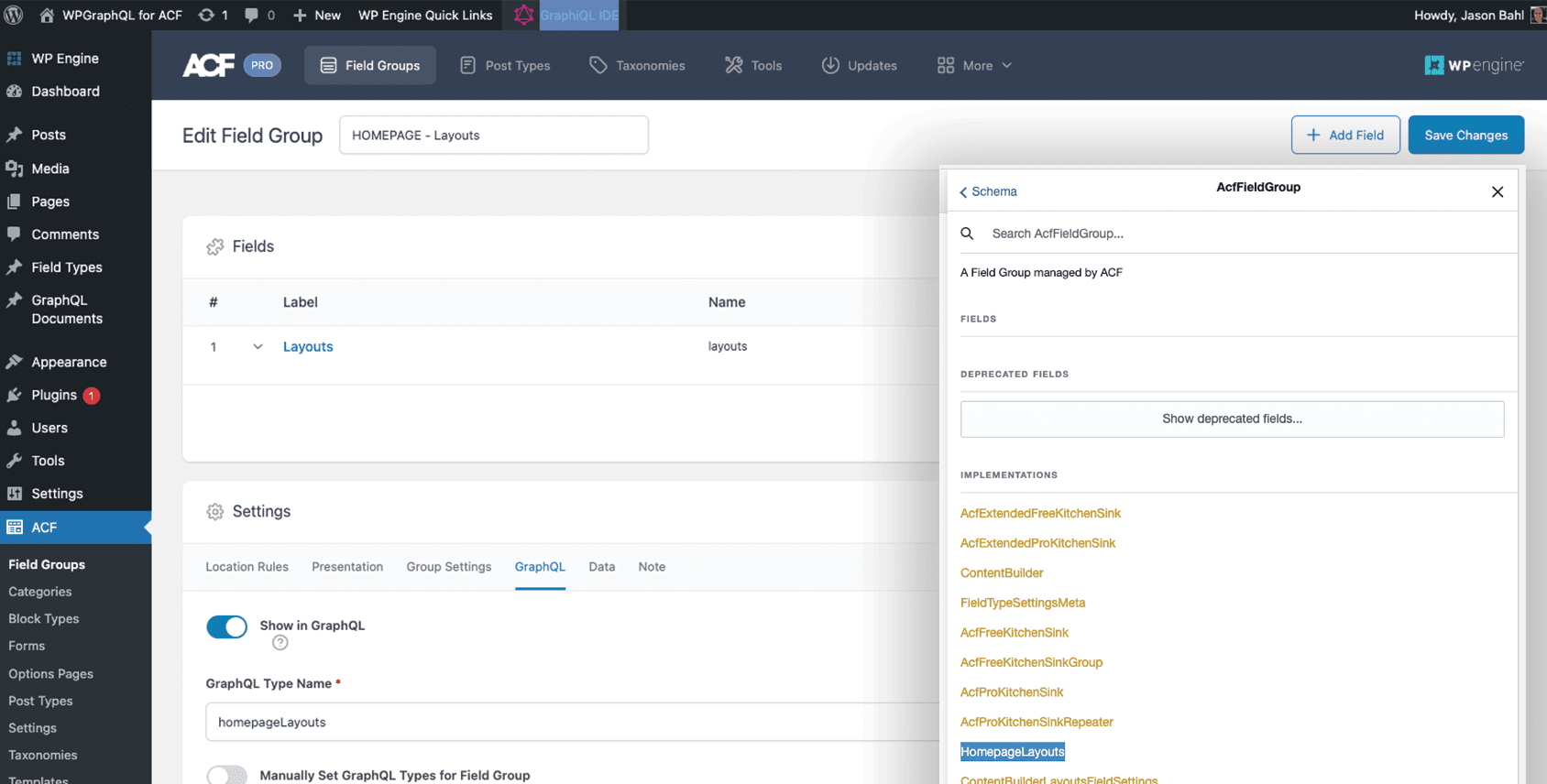 ACF Field Groups that show in the GraphQL Schema will apply an "AcfFieldGroup" Interface